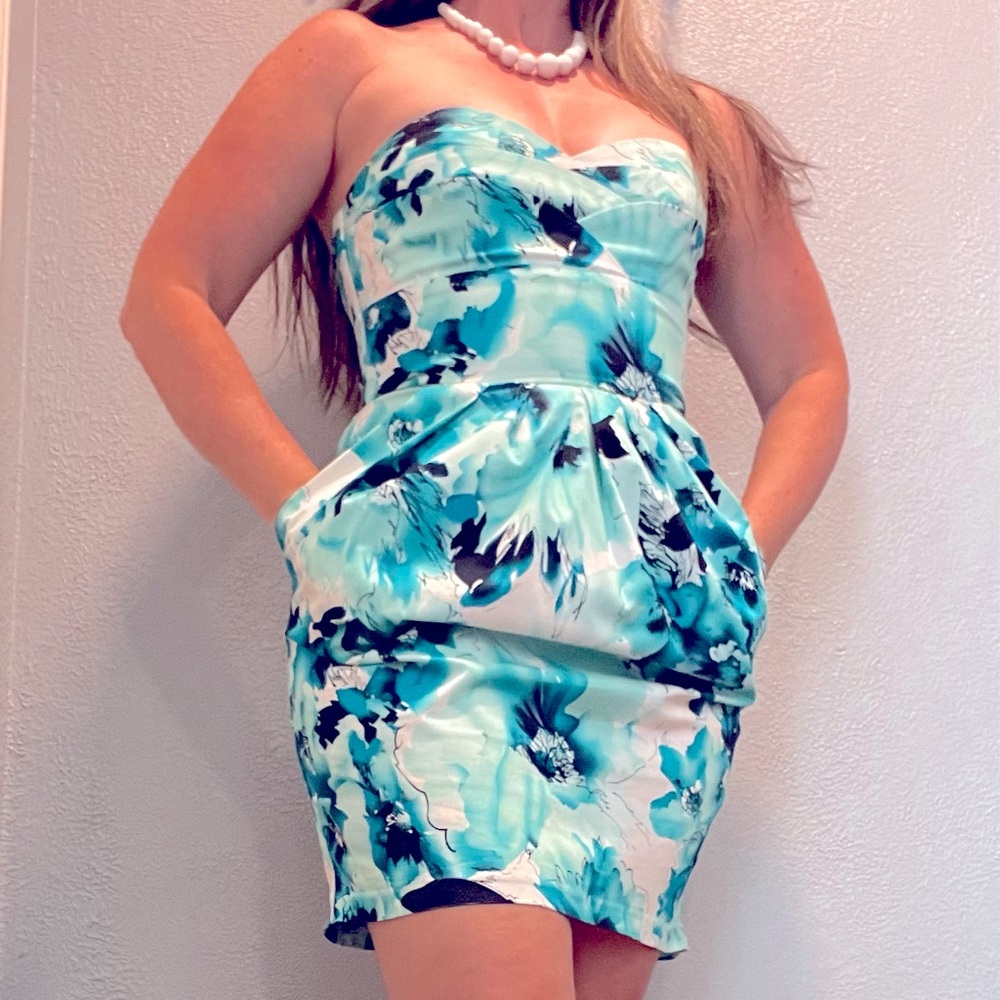 B Darlin 80s Strapless Teal Floral Dress with Pockets